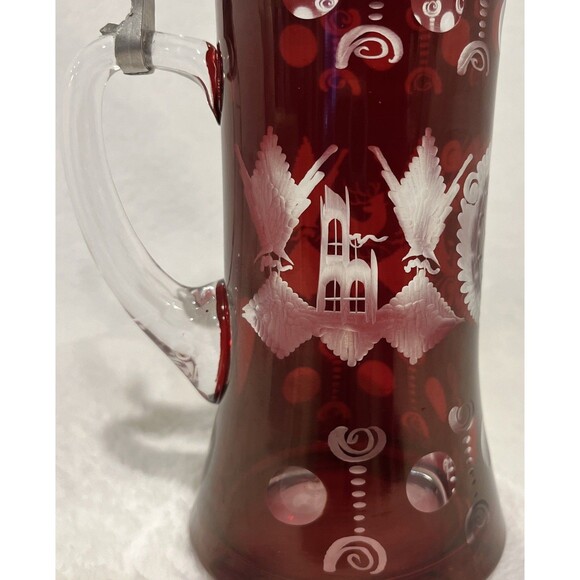 Egermann Bohemian Ruby Cut Glass Stein Pewter Lid Beer Tankard Deer Stag Czech - Picture 4 of 13
